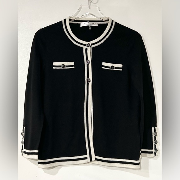 Trina Turk Merino Wool‎ Contrast Trim Cardigan Black White M - Picture 1 of 5